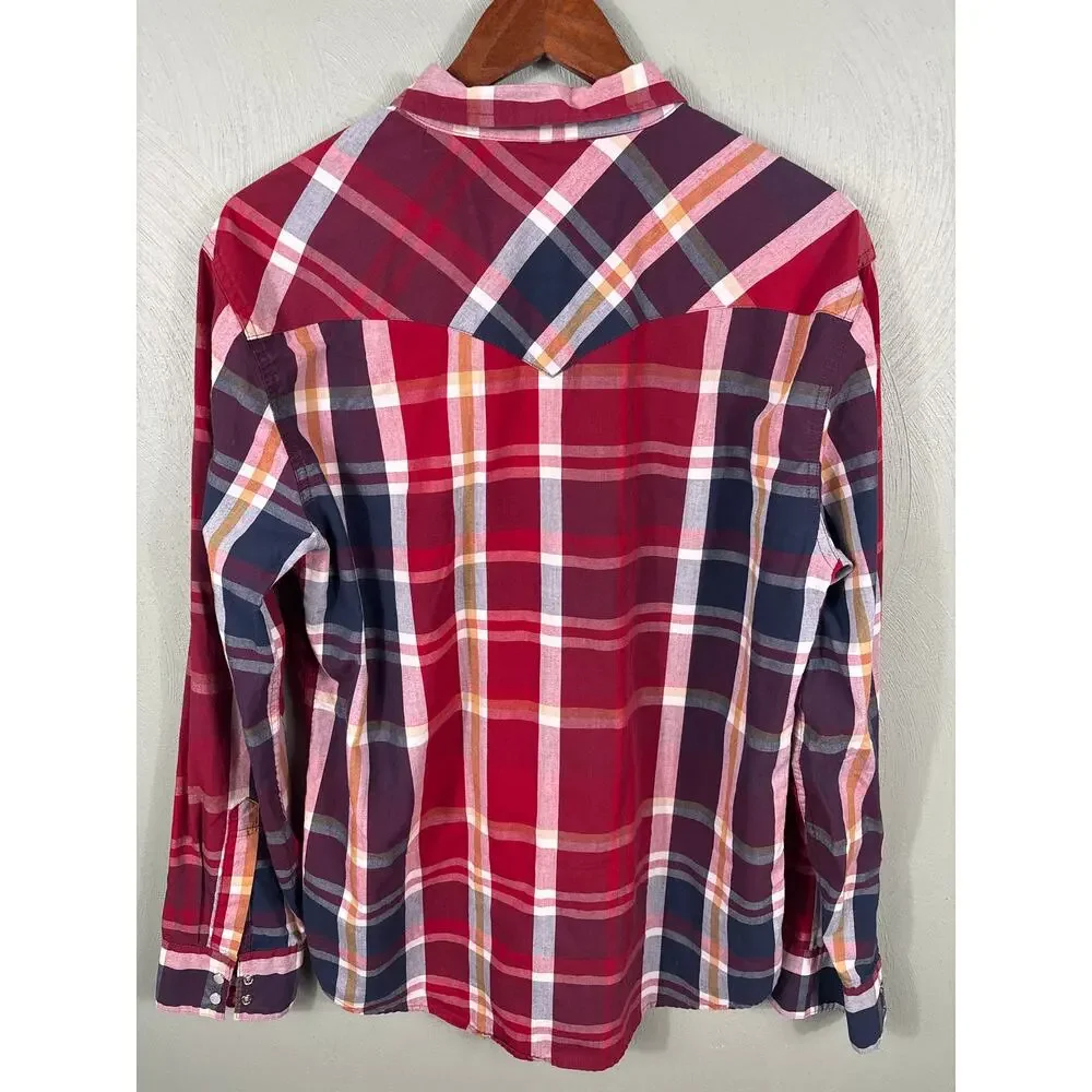 Levi's Long Sleeves Shirt Men's Size Large‎ Red Blue Plaid Pockets Western Cut